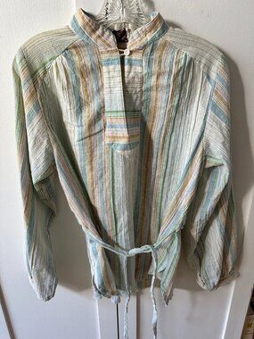 VTG 70s Striped Cotton Gauze Long Sleeve Tunic Shirt Blouse with Tie Belt